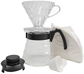 Hario Pour Over Coffee Starter Set Craft Coffee Maker Dripper, Glass Server, Scoop And Filters Size 02, Black