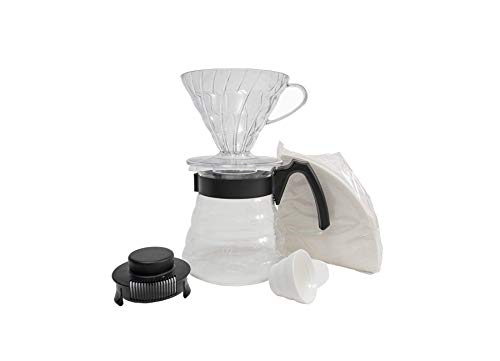 Hario Pour Over Coffee Starter Set Craft Coffee Maker Dripper, Glass Server, Scoop And Filters Size 02, Black