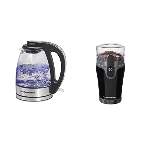 Hamilton Beach Glass Electric Tea Kettle, Clear & Fresh Grind Electric Coffee Grinder For Beans, Spices And More, Stainless Steel Blades, Removable Chamber, Makes Up To 12 Cups, Black
