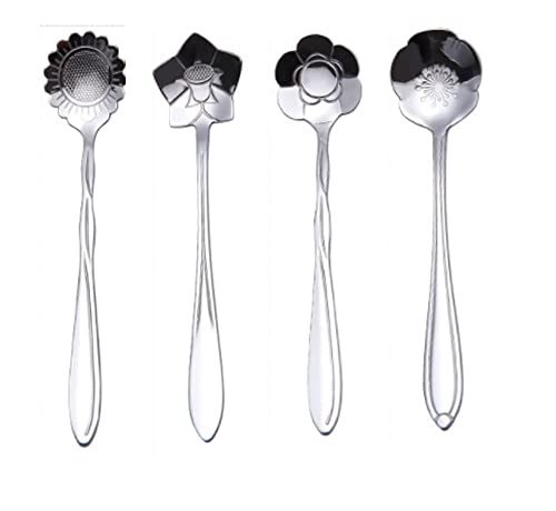  4pcs Stainless Steel Cherry Blossom Spoon Coffee Spoon Rose Flower Spoon Wedding Gift Bird's Nest Gift Spoon Honey Spoon (silver-A2)