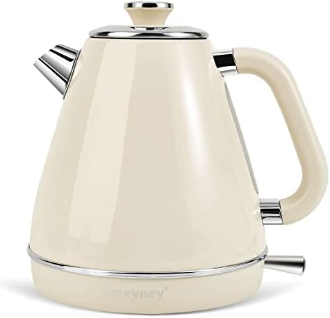  Electric Kettle,Tea Kettle,1.7 Litre Retro Style Kettle,Kitchen Countertop Coffee Tea Hot Water Kettle,Double Wall 304 Stainless Steel BPA Free Hot Water Boiler,Auto Shut-Off And Boil-Dry Protection (Cream)