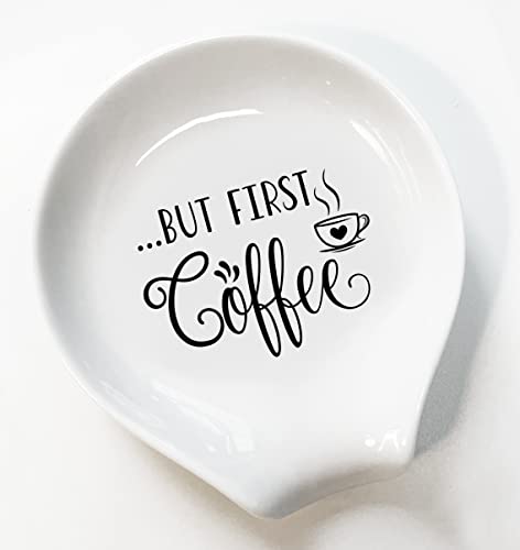  Ceramic Coffee Spoon Holder With Funny Quote But First Coffee - Coffee Bar Accessory Spoon Rest Station Decor Great Gift For Coffee Lovers Girlfriend, Wife, Husband, Anniversary, And Friends