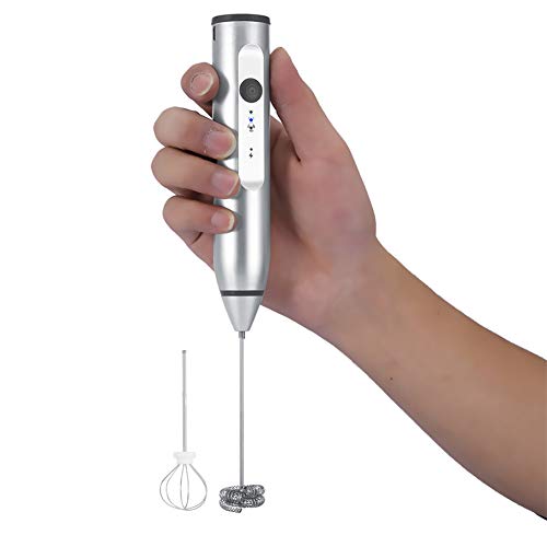  Electric Milk Frother, Rechargeable Electric Milk Frother With 2 Whisks Speed Adjustable Handheld Foam Maker(silver)