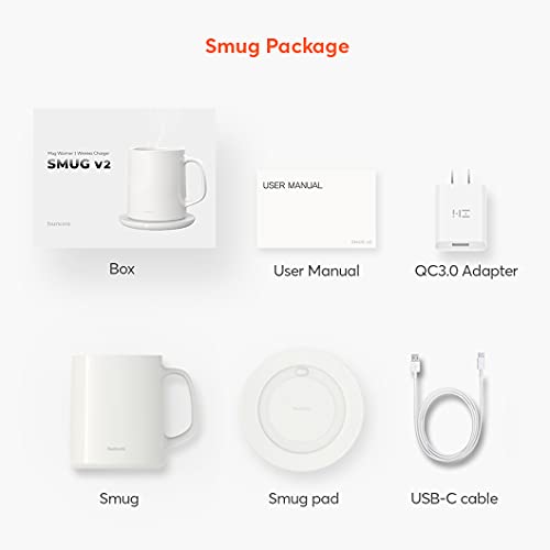  Hurkins Smug, Up To 149℉ Coffee Mug Warmer & Mug & Pctg Lid Set, Self Heated Cup With Wireless Charging Function, Office/Home For Desk. (White)