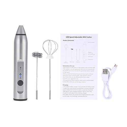  Electric Milk Frother, Rechargeable Electric Milk Frother With 2 Whisks Speed Adjustable Handheld Foam Maker(silver)
