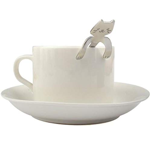  Stainless Steel Cartoon Cat Spoon Long Handle Dessert Coffee Tableware Kitchen Gadget（Silver Color