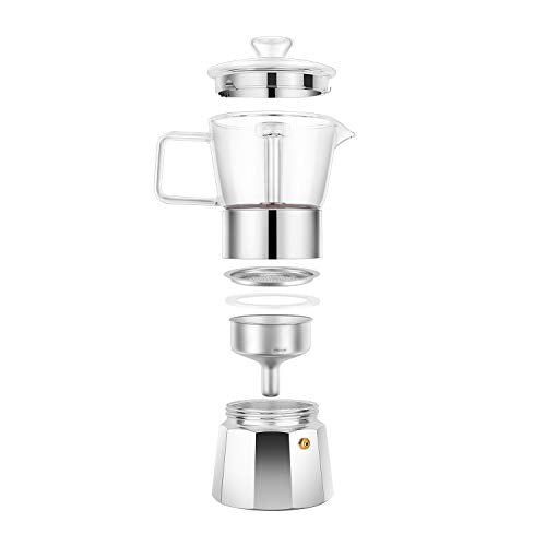  Moka Pot Premium Crystal Glass-Top Stovetop Espresso Moka Pot - 6 Cup - Coffee Maker, 240ml/8.5oz/6 Cup (espresso Cup=40ml) Coffee Lover Gifts Ideas