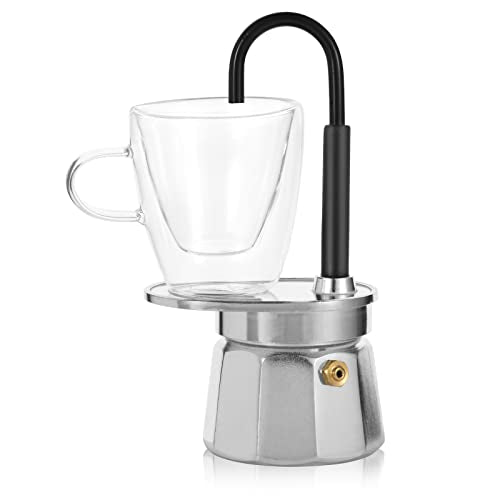  -Mini Express Swiss Single Tube Moka Pot Aluminum Sliver，Moka Set Includes One Double Wall 3oz Cup,Enjoy Delicious Coffee In No Time