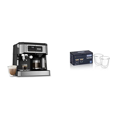 De'Longhi All-in-One Combination Coffee Maker & Espresso Machine + Advanced Adjustable Milk Frother & DeLonghi Double Walled Thermo Espresso Glasses, Set Of 2, Regular, Clear