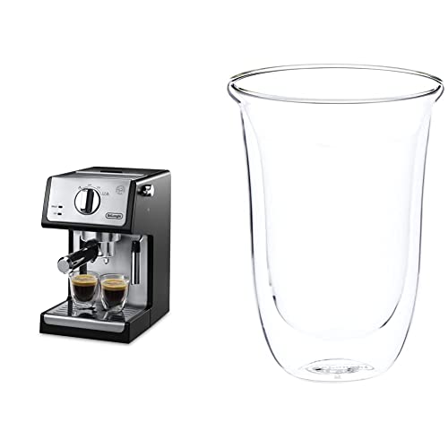 De'Longhi ECP3420 Bar Pump Espresso And Cappuccino Machine, 15", Black & DeLonghi Double Walled Thermo Latte Glasses, Set Of 2, 2 Count (Pack Of 1), Clear