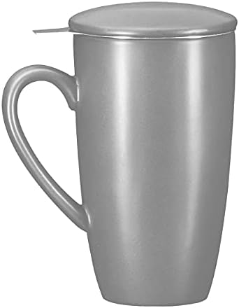  16 Oz Porcelin Ceramic Mug With Tea Infuser And Lid, Loose Leaf Tea Cup, Gift For Tea Lovers, Large Mug For Office And Travel, Gift For Christmas, Coffee Mug With Lid, Grey