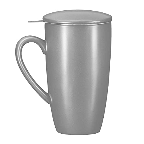  16 Oz Porcelin Ceramic Mug With Tea Infuser And Lid, Loose Leaf Tea Cup, Gift For Tea Lovers, Large Mug For Office And Travel, Gift For Christmas, Coffee Mug With Lid, Grey