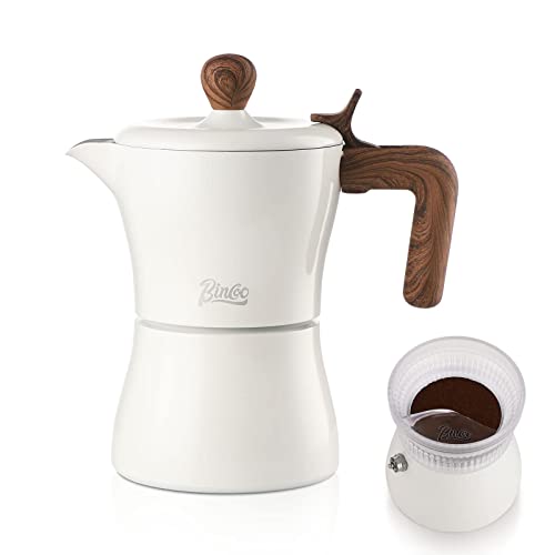  Stovetop Espresso Maker Moka Pot 3 Espresso Cup, Cuban Coffee Maker Stove Top Coffee Maker With Dosing Ring Dispenser, Moka Italian Espresso Coffee Maker（White）