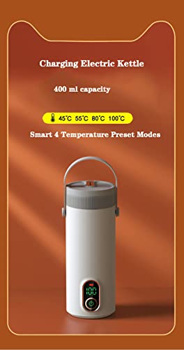  Rechargeable Electric Kettle Travel Tea Kettle,4 Variable Presets Water Boiler Automatic Shut Off Coffee Kettle,400ml Portable Kettle Personal Tea Maker