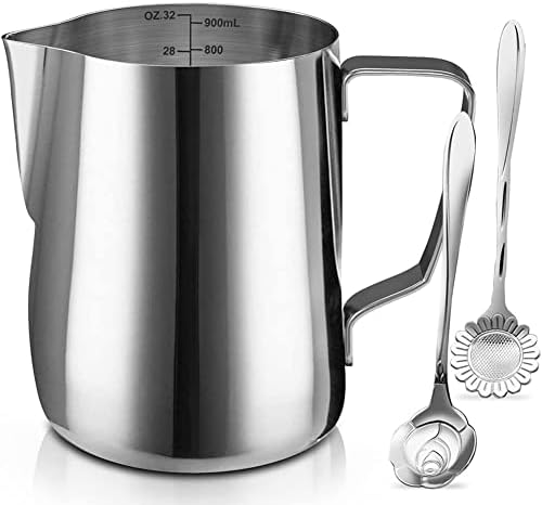  Ilk Frothing Pitcher Jug - 12oz/350ML Stainless Steel Coffee Tools Cup - Suitable For Espresso, Latte Art And Frothing Milk, Attached Dessert Coffee Spoons