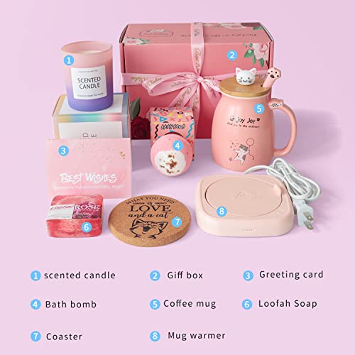 Coffee Mug Beverage Warmer Relaxing Spa Gift Box Set Happy Birthday For Women- Ceramic Cat Coffee Cup, Bath Bomb, Scented Candle,Soap,Best Gift For Her Best Friend Sister Daughter Mom Valentines Day