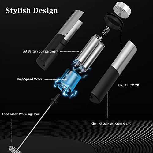  Milk Frother Handheld For Coffee, Electric Milk Frother Foam Maker Battery Operated Whisk Drink Mixer, Stainless Steel Mini Foamer For Coffee, Frappe, Latte, Matcha, Hot Chocolate