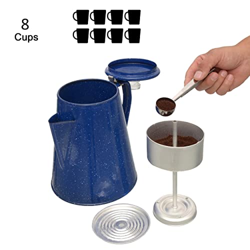  Camping Coffee Percolator Enamel Coating Gloss Finish And Glass Cap For Backpacking, Campsite, Kitchen, Over Stove And Pot Makes 8 Cups Comes With Basket For Grounds And Stainless Steel Spoon, Blue