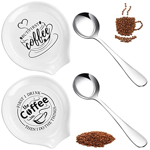  4 Pieces Coffee Spoon Rest And Spoon Funny Coffee Quote Ceramic Coffee Spoon Holder Rests For Coffee Station Decor Stove Top Countertop Kitchen Accessories Nice Present For Coffee Lovers