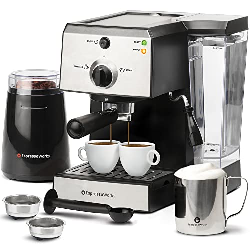  Machine & Cappuccino Maker With Milk Steamer- 7 Pc All-In-One Barista Bundle Set W/ Built-In Milk Frother (Inc: Coffee Bean Grinder, Milk Frothing Cup, Spoon/Tamper & 2 Cups), Silver