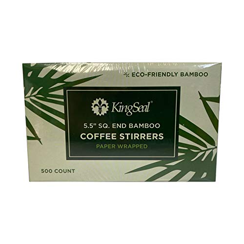  KingSeal Individually Paper Wrapped Bamboo Coffee Stir Sticks, 5.5 Inches, Square End, 100% Renewable And Biodegradable - 1 Box Of 500 Each