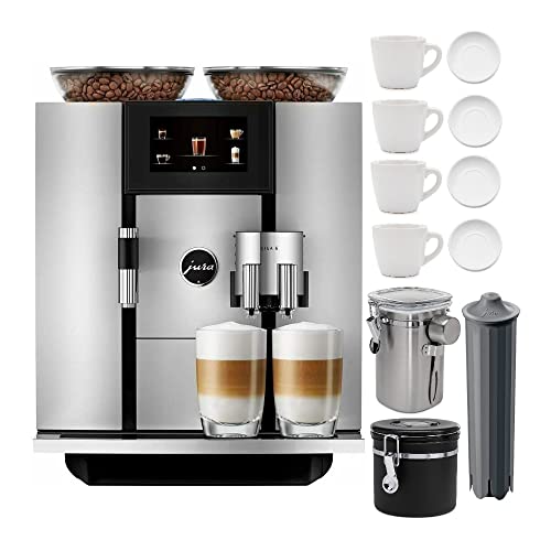 Jura Giga 6 Automatic Coffee Machine With P.E.P. (Silver) With 2 Cup And Saucer Sets, Filter, Large And Small Canisters Bundle (6 Items)