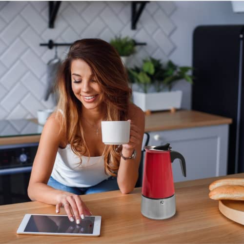  6 Cup Coffee Maker Stovetop Espresso Coffee Maker, Moka Coffee Pot With Coffee Percolator Design, Stainless Steel Stovetop Espresso Maker, Italian Coffee Maker (Red) (300ml/10oz)