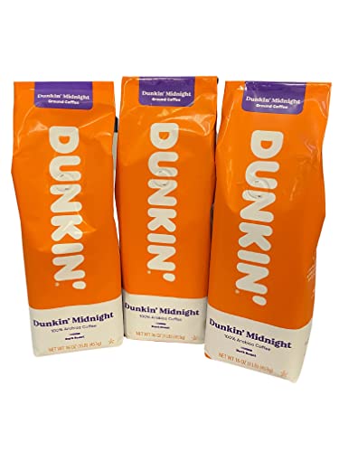  Ground Coffee 1 LB. Bag Multi Pack (Dunkin' Midnight Dark Roast, Three Pack)