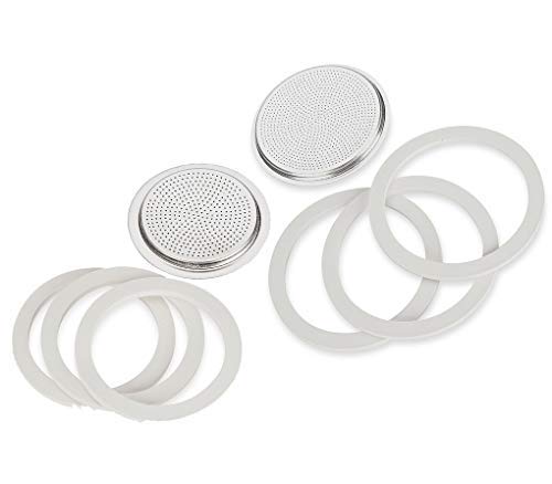  Moka Express #06799 3-Cup Espresso Maker Machine And #06960 Bialetti, Six Replacement Gaskets And Two Bialetti Replacement Filter Plates Bundle