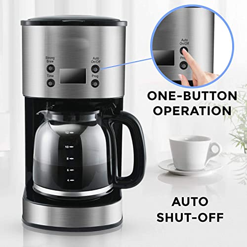  Coffee Maker 12 Cup, Programmable Coffeemaker, Auto Shut-off Coffee Machine, 2 Hours Keep Warm Glass Coffee Pot, Grab-a-cup, LCD Display, Removable Filter,Stainless Steel, 1000W(Silver)