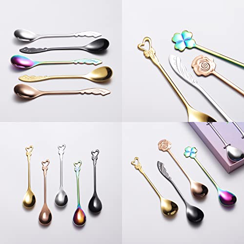  5-Piece Wing Spoon Coffee Teaspoon,SUS 304 Stainless Steel,Dessert Scoop For Stirring,Small Multiple Colors Spoon Set,4.9" Lovely Yogurt Ice Cream Demitasse Espresso Spoon (Wing)