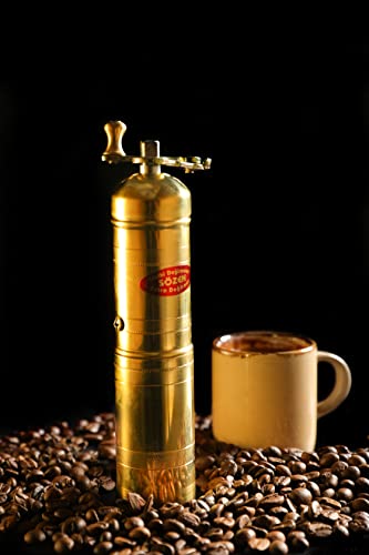  7" Handmade Manual Brass Coffee Mill Grinder Sozen, Adjustable Portable Conical Burr Coffee Mill, Portable Hand Crank Coffee Grinder, Turkish Coffee Grinder