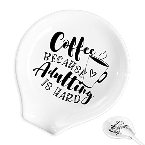  Coffee Spoon Rest And Spoon,Funny Coffee Quote Coffee Beacause Adulting Is Hard Coffee Ceramic Coffee Spoon Holder-Station Decor Coffee Bar Accessories-Gifts For Coffee Lovers