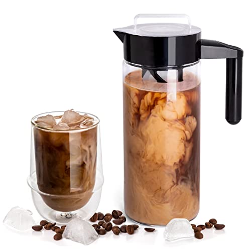  Cold Brew Maker For Iced Coffee And Iced Tea, 44 Oz Cold Coffee Maker Glass Pitcher, Tea Infuser For Loose Leaf Tea, Large Iced Coffee Maker (Black)