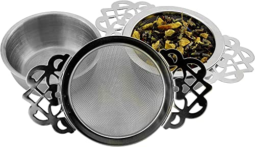  Olstice Empress Tea Strainers With Drip Bowls (2-Pack); Elegant Stainless Steel Loose Leaf Tea Strainers