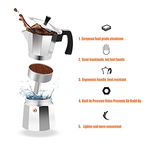  Stovetop Espresso Maker 6 Cup Moka Pot Aluminum Silver，Cuban Coffee Maker，Make Delicious Coffee Easily At Home And Camping