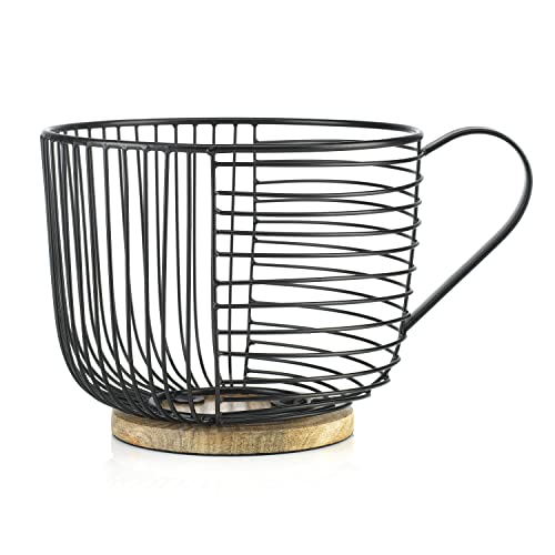  Coffee Pod Holder - Large Capacity Black Wire Kup Storage With Wooden Base - Modern Coffee Basket Decor For Kitchen Countertop For Pods & Espresso Capsules