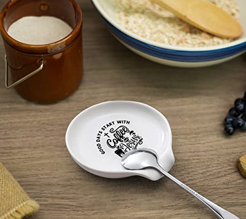  Coffee Spoon Rest, Ceramic Coffee Spoon Holder With Funny Quote - Good Days Start With Coffee & Jesus- Station Decor Coffee Bar Accessories And Gift For Coffee Lovers