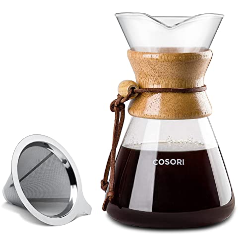  Pour Over Coffee Maker With Double-layer Stainless Steel Filter, Coffee Dripper Brewer & Glass Coffee Pot, High Heat Resistant Decanter, 34 Ounce