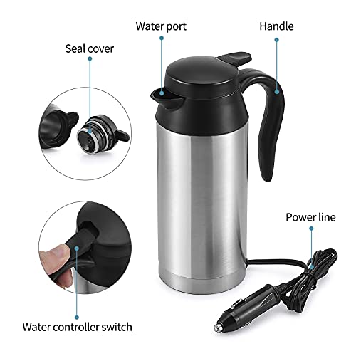  Car Kettle Boiler Sunsbell 650ml Car Heating Travel Cup Stainless Steel Mug Car Coffee Cup Warmer With DC 12V Charger For Car (Kettle Boiler)