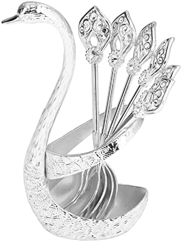  Decorative Swan Base Holder With Coffee Spoon Set, Zinc Alloy Embossment Coffee Stirrers Holder Elegant Swan Coffee Spoon Holder For Spoons Fruit Dessert(Silver)