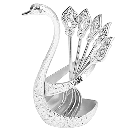  LIZEALUCKY Coffee Spoon Holder Coffee Dessert Spoon Set Metal Swan Base Holder Spoon Organizer With 6pcs Ice Cream Spoons Teaspoons Coffee Dessert Flatware (Silver)
