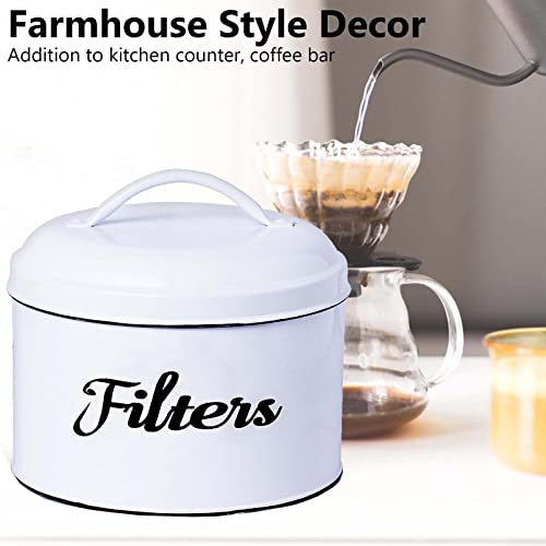 Coffee Filter Holder For Counter, Coffee Filter Holder Storage White Enamelware Basket Container Round With Lid, Rustic Farmhouse Coffee Bar Décor