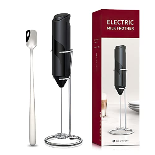  Milk Frother Handheld With Stand, Whisk Drink Mixer For Coffee, Mini Foamer For Cappuccino, Frappe, Matcha, Hot Chocolate (Black)