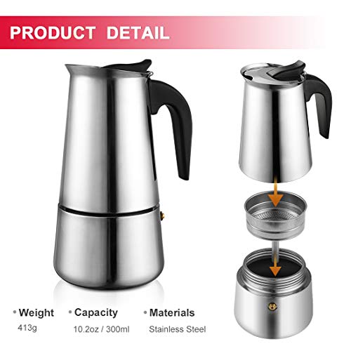  Moka Pot - Stovetop Espresso Maker For 6 Cups, Stainless Steel Coffee Maker Espresso Pot With Safety Valve - 10 Oz