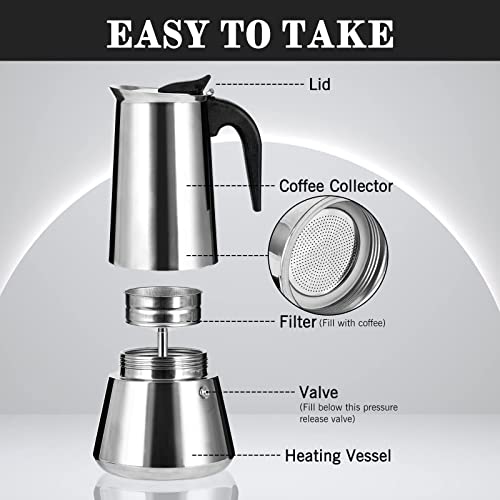  Stainless Steel Stovetop Moka Pot Espresso Maker Percolator 12 Cup 600ml Portable Italian Greca Cuban Coffee Maker For Big Family Home Office Camping, Work With Gas Electric Ceramic Stovetop