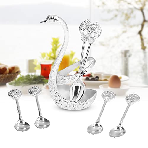  Decorative Swan Base Holder With Coffee Spoon Set, Zinc Alloy Embossment Coffee Stirrers Holder Elegant Swan Coffee Spoon Holder For Spoons Fruit Dessert(Silver)