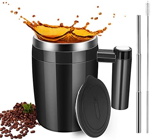  Self Stirring Coffee Mug, Automatic Stainless Steel Magnetic Stirring Coffee Mug With 2Pc Stir Bar,13oz Automatic Mixing Cup For Milk/Coffee, Double Wall Insulation Tumbler For Outdoor,Home, Black