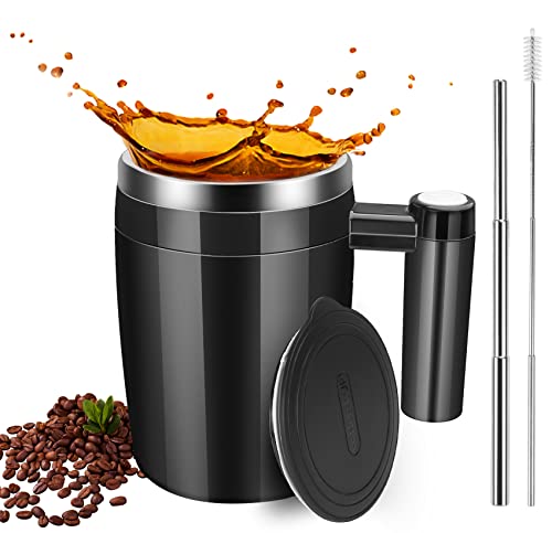  Self Stirring Coffee Mug, Automatic Stainless Steel Magnetic Stirring Coffee Mug With 2Pc Stir Bar,13oz Automatic Mixing Cup For Milk/Coffee, Double Wall Insulation Tumbler For Outdoor,Home, Black