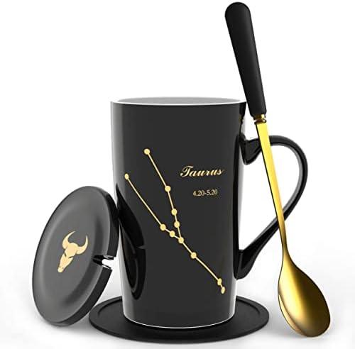 -15oz Scorpio Coffee Mug With Long Handle Spoon Lid Birthday Gift Ceramic Creative Constellation Zodiac Capacity Tea Cup For Cocoa Water Milk Juice (Scorpio-Black Gold)